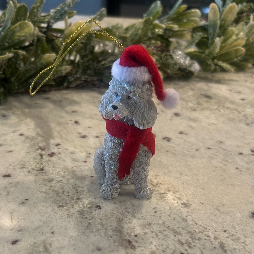 White Poodle Ornament with Red Scarf- Christmas holiday ornament, trinket